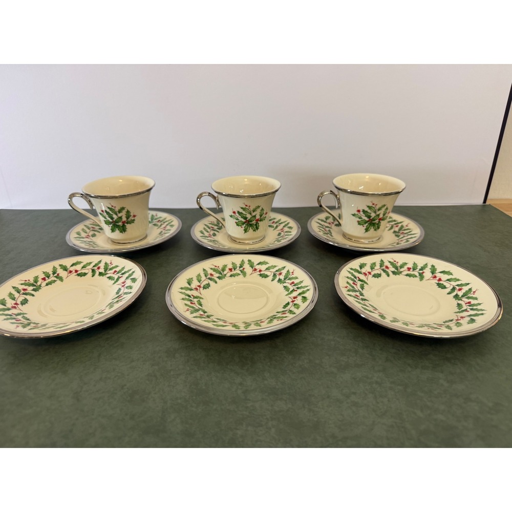 Lenox Holiday Platinum Dimension Tea Cups and Saucers Set of 9 Pieces USA